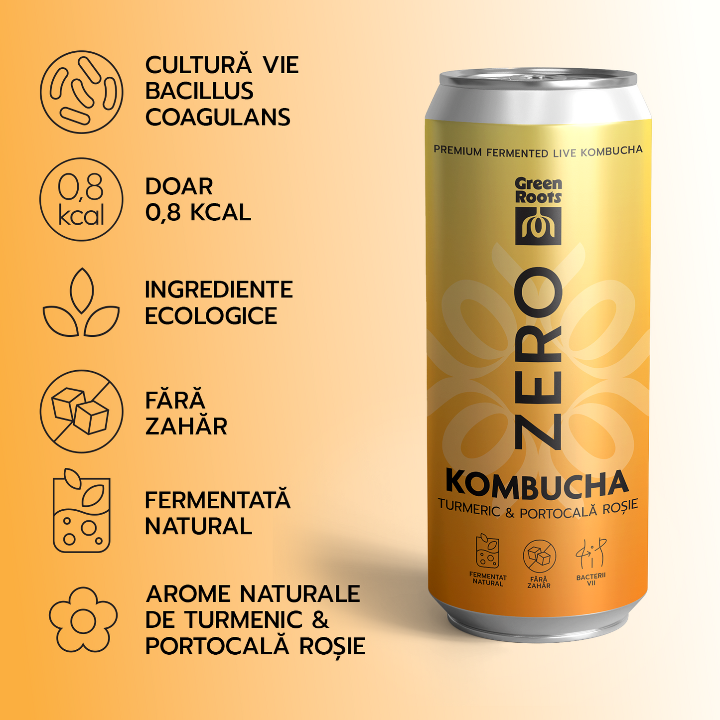 ECO Kombucha ZERO zahar TURMERIC & PORTOCALĂ ROȘIE