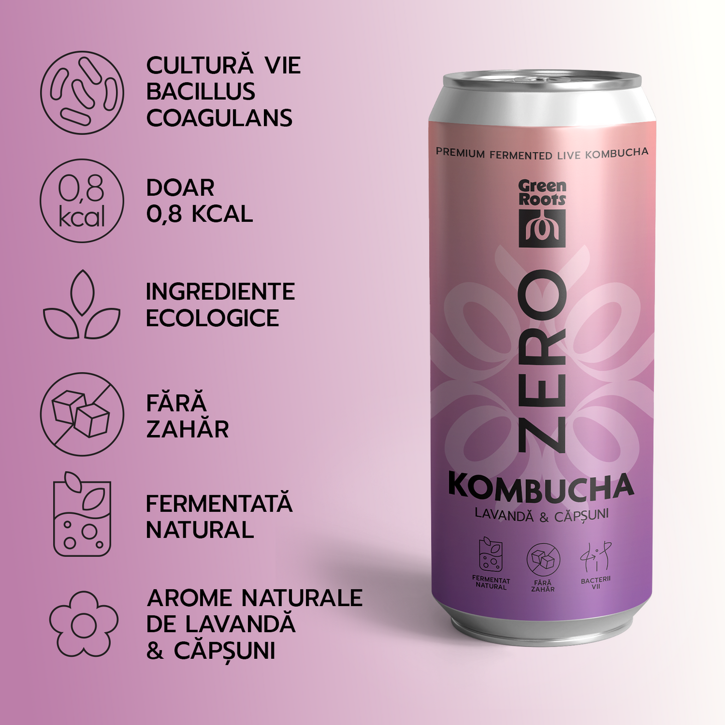 ECO Kombucha ZERO zahar LAVANDĂ & CĂPȘUNI