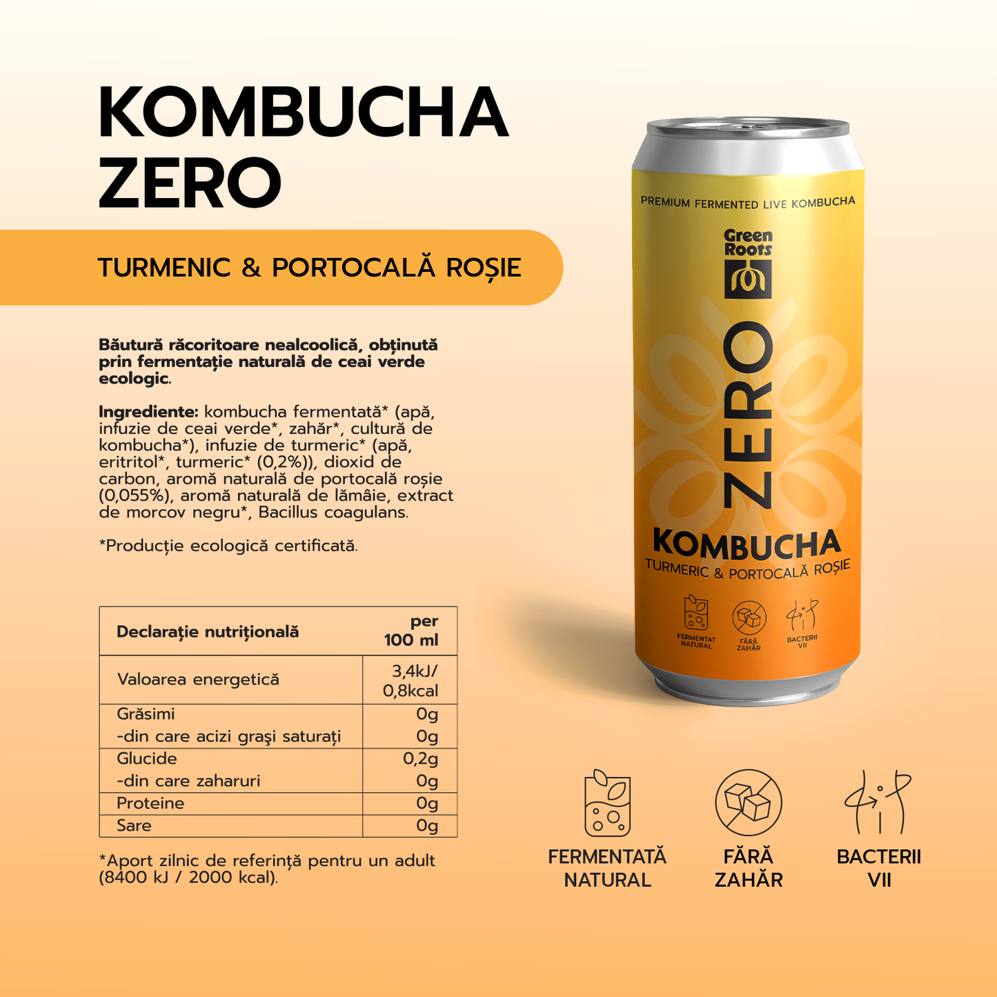 ECO Kombucha ZERO zahar TURMERIC & PORTOCALĂ ROȘIE