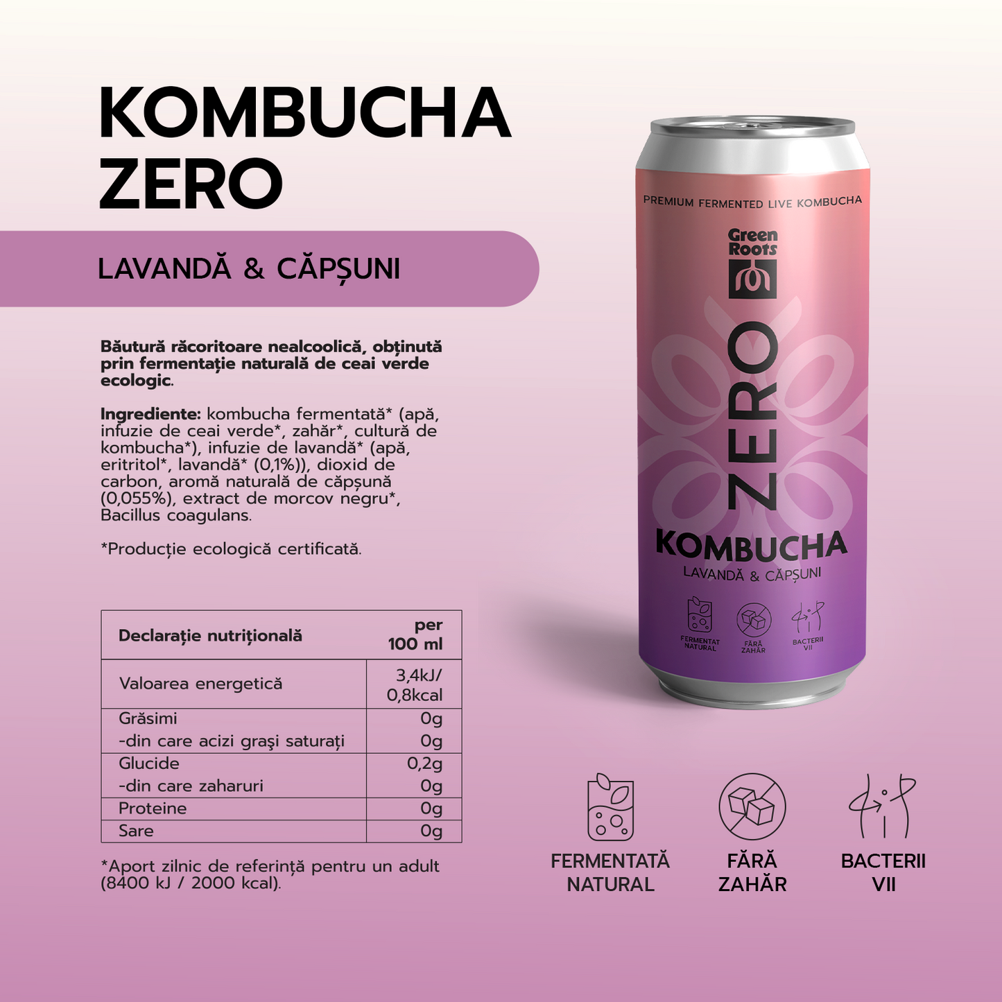 ECO Kombucha ZERO zahar LAVANDĂ & CĂPȘUNI
