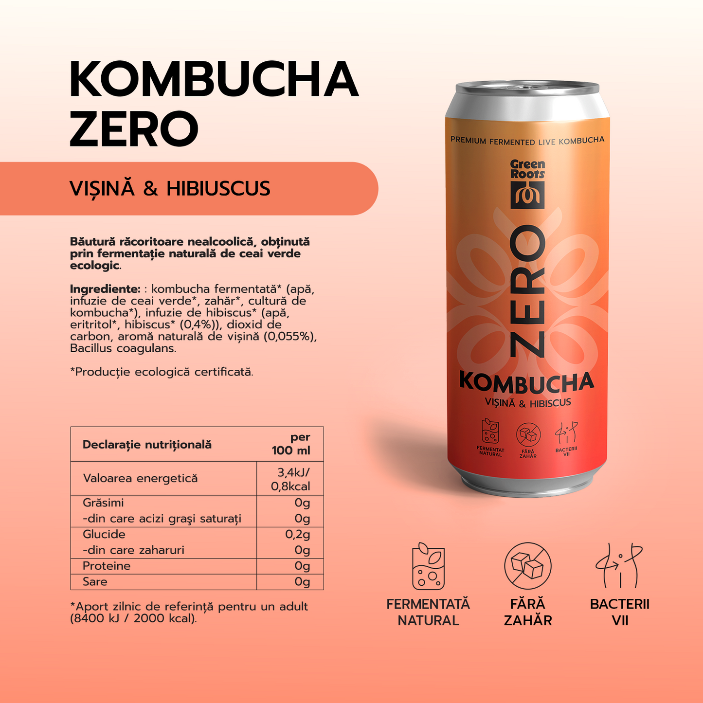ECO Kombucha ZERO zahar VIȘINĂ & HIBISCUS