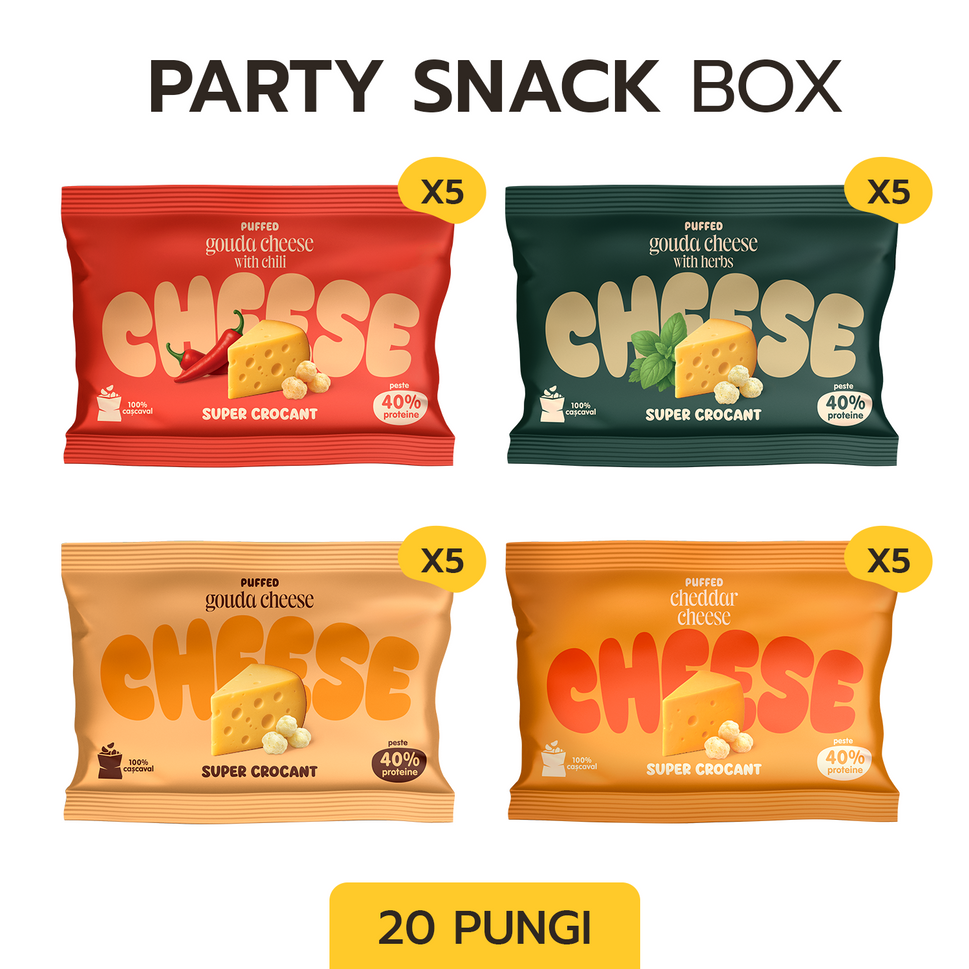 Party package SUPER CRUNCHY 4 arome x 5 buc / fiecare, pufuleți de cașcaval