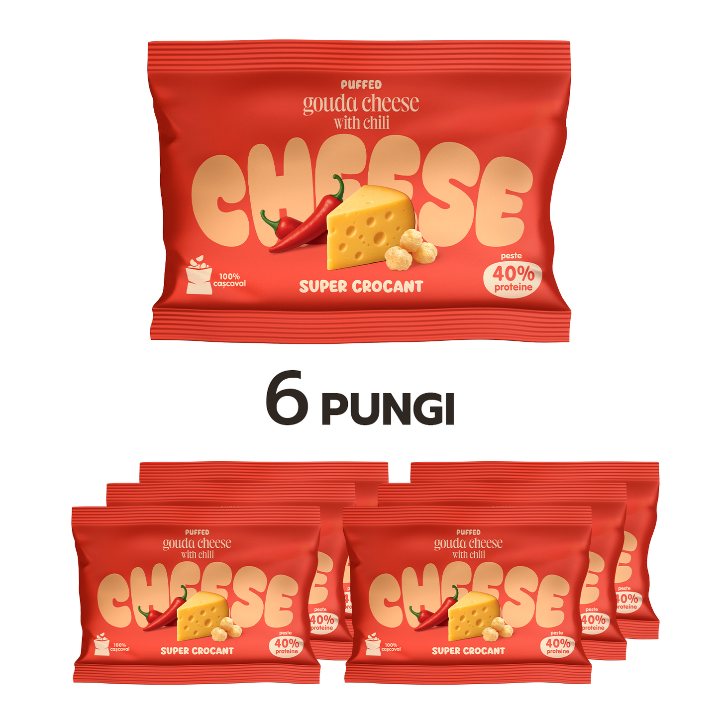 6 CRUNCHY PACK pufuleți de cașcaval Gouda cu Chilli